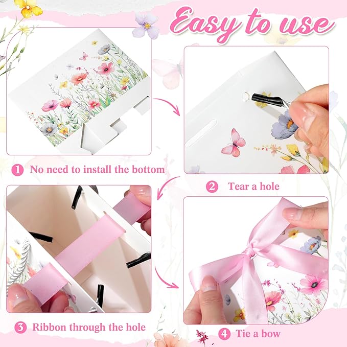 Moinchore 30 Pcs Wildflower Paper Gift Bags Bulk 5.5 x 4.7 x 2.5 in Mini Floral Favor Bags with Handles Bow Ribbon Wrap for Spring Summer Birthday Wedding Home Bridal Shower Garden Supplies