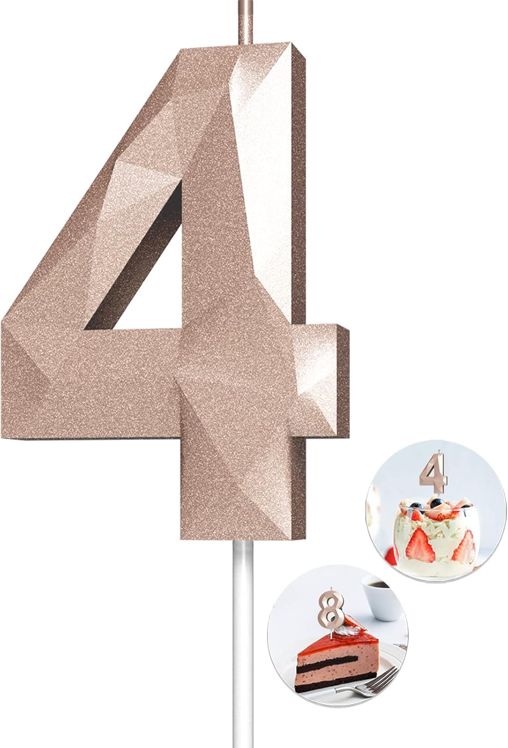 Number Birthday Candles(4 Candle Rose Gold) 3D Diamond Shape Number Happy Birthday Cake Candles for Birthday Party Wedding Decoration Reunions Theme Party