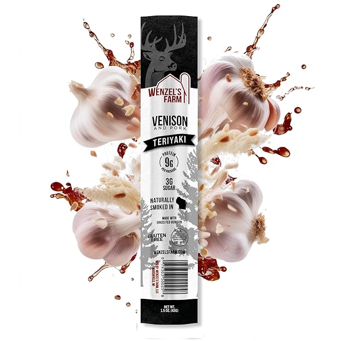 Wenzel’s Farm Teriyaki Venison Snack Sticks 8 Pack | Supports Active Lifestyles │ High Protein, Low Carb │ No MSG, Fillers, Binders, Artificial Colors │ Gluten Free