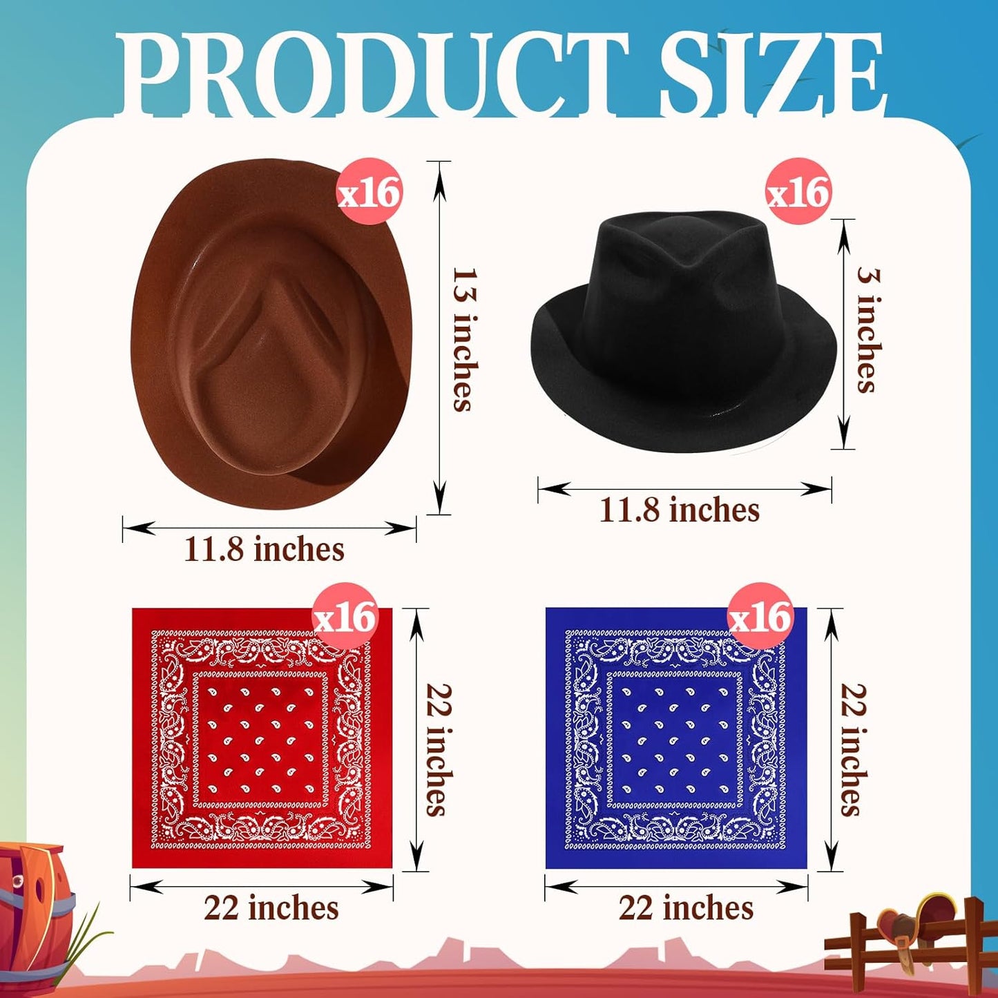 Hillban 72 Pcs Western Cowboy Hat and Paisley Bandana Set for Kids Felt Cowboy Party Hats for Costume Party Favors(Black, Brown)