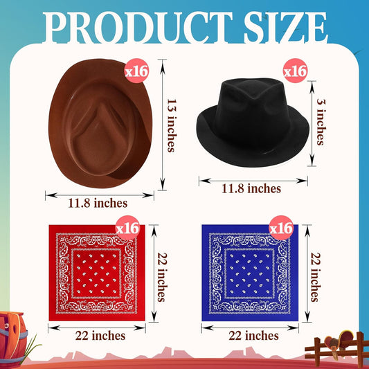 Hillban 72 Pcs Western Cowboy Hat and Paisley Bandana Set for Kids Felt Cowboy Party Hats for Costume Party Favors(Black, Brown)