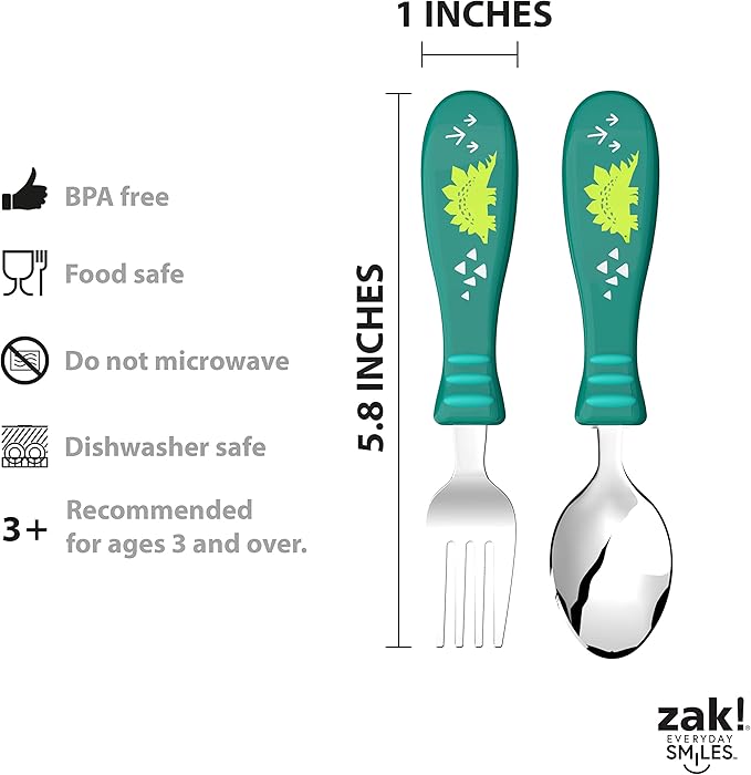 Zak Designs 5-Piece Dinnerware Set, Dinosaur - Durable Plastic & Stainless Steel - Includes Water Bottle, 8-Inch Plate, 6-Inch Bowl, Fork & Spoon - Suitable for Kids Ages 3+