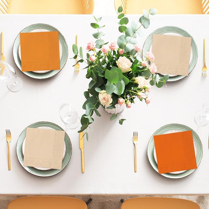 Whaline 150Pcs Orange Cocktail Napkin 3 Colors Fall Paper Napkin Disposable Beverage Napkins for Autumn Harvest Thanksgiving Home Party Birthday Wedding Table Decor Supplies
