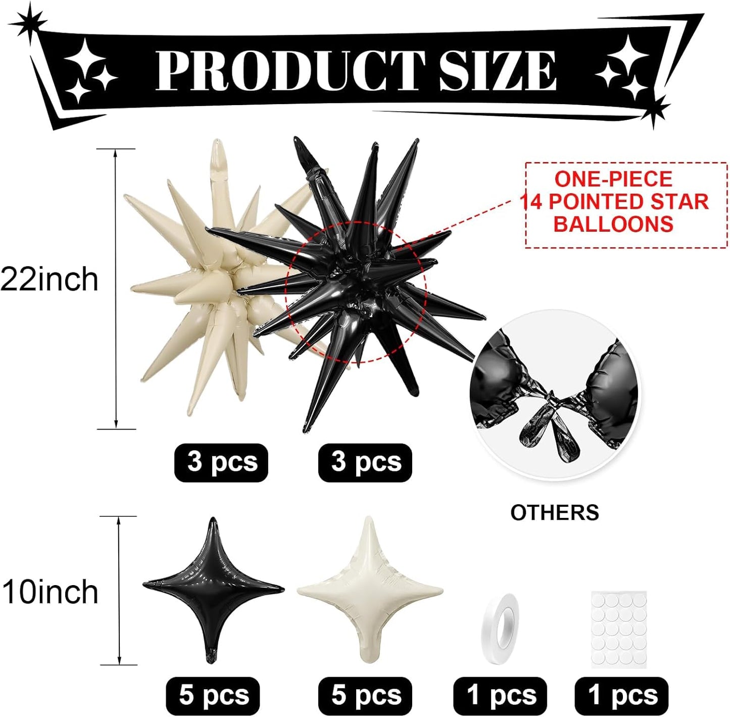 Black White Star Balloon,Sand White Black 6Pcs 22Inch Explosion Star Balloons and 10Pcs 10Inch Four Angle Balloons Kit for Birthday Anniversary Baby Shower Wedding Party Decorations