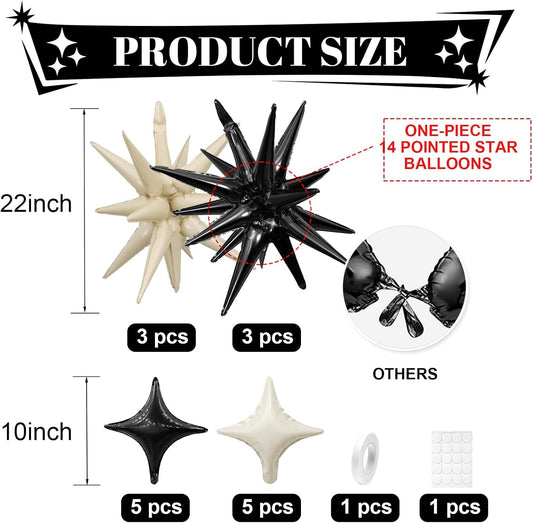 Black White Star Balloon,Sand White Black 6Pcs 22Inch Explosion Star Balloons and 10Pcs 10Inch Four Angle Balloons Kit for Birthday Anniversary Baby Shower Wedding Party Decorations