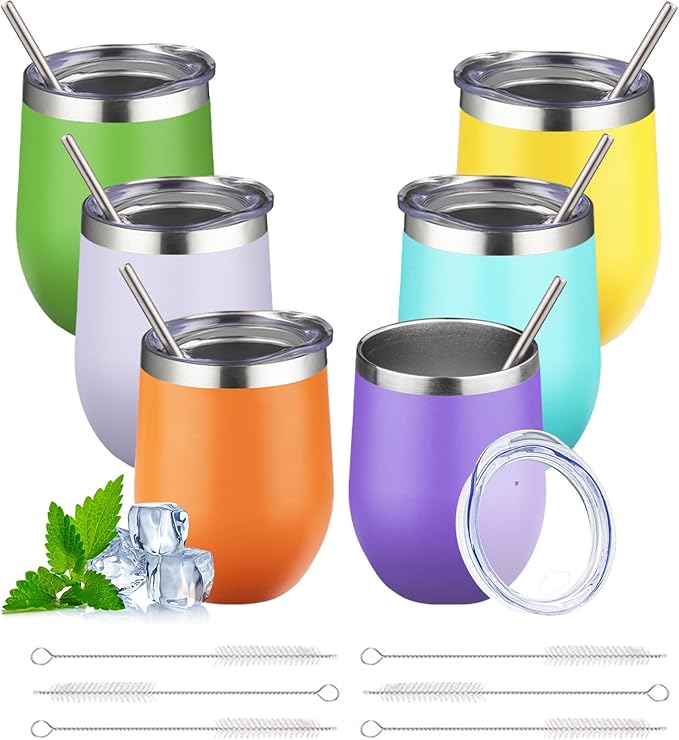 12oz Stemless Wine Tumbler with Lid Double Wall Insulated Wine Cup Stainless Steel Glasses Tumbler with Straw Insulated cocktail Tumbler Coffee Mug for Hot and Cold Beverages (Multicolor-11,6Pack)