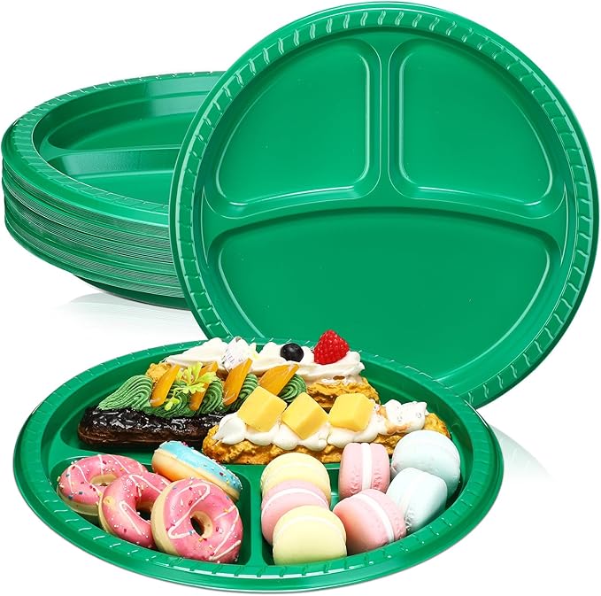 50 Pcs 10 Inch Plastic 3 Compartment Divided Plates Heavy Disposable Plates Duty Round Dinner Plates with Dividers for Wedding Birthday Party Dinnerware(Green)