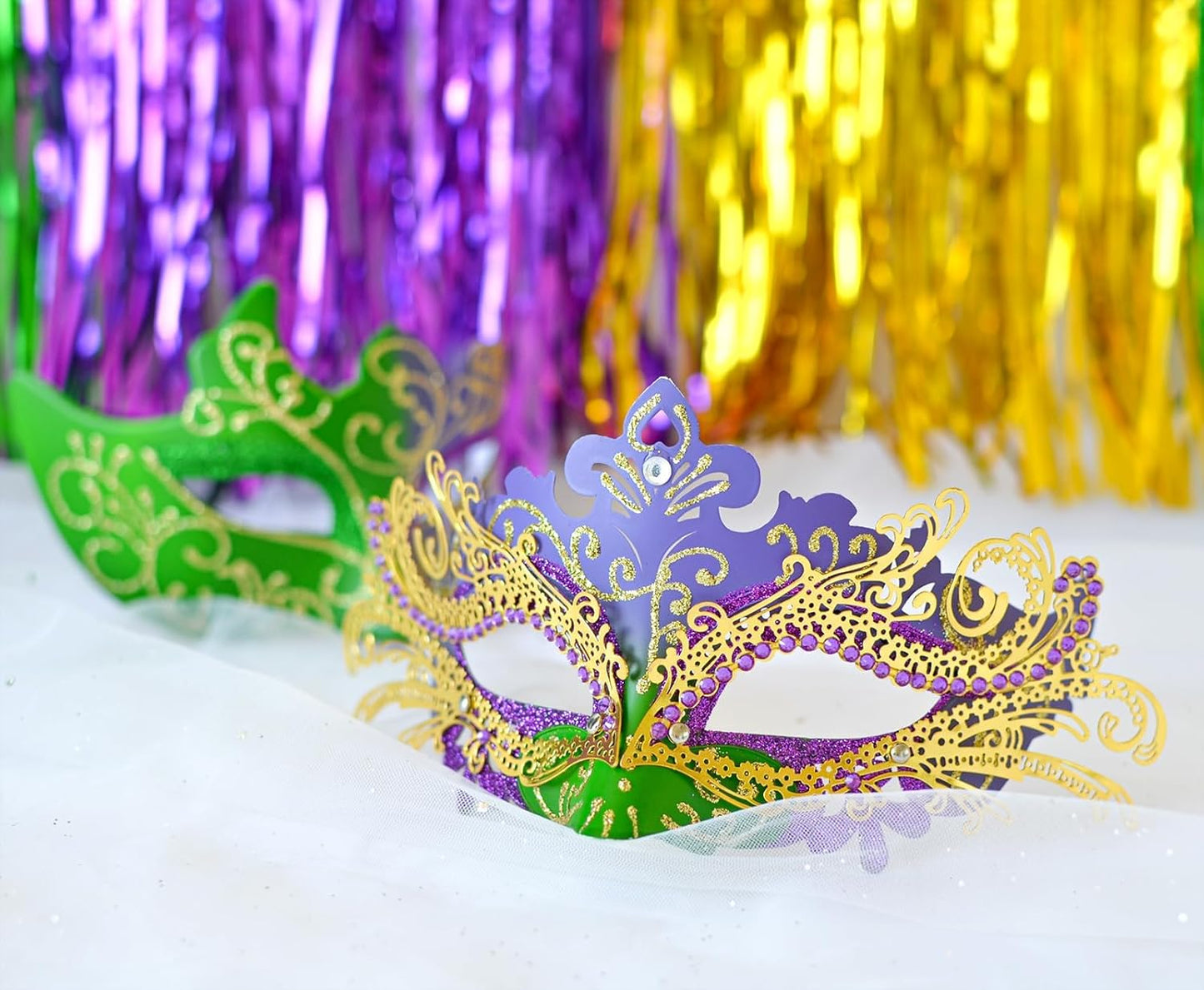 2025 Masquerade Masks for Couples, Shiny Rhinestone Metal Filigree Venetian Mask & Mens Venetian Mask for Mardi Gras