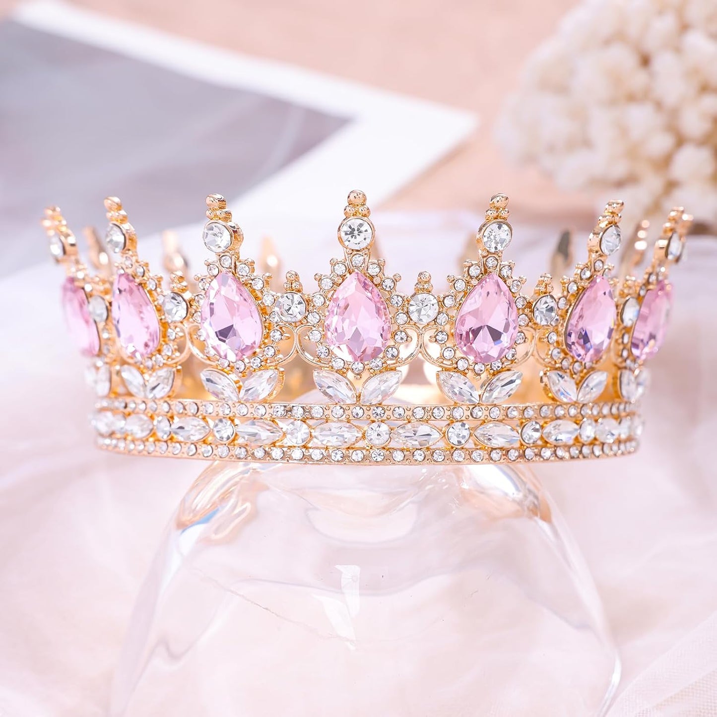 Pink Queen Crown for Women Crystal Tiara for Girl Rhinestone Wedding Headband for Bride Hair Accessories for Costume Birthday Party Prom Gifts