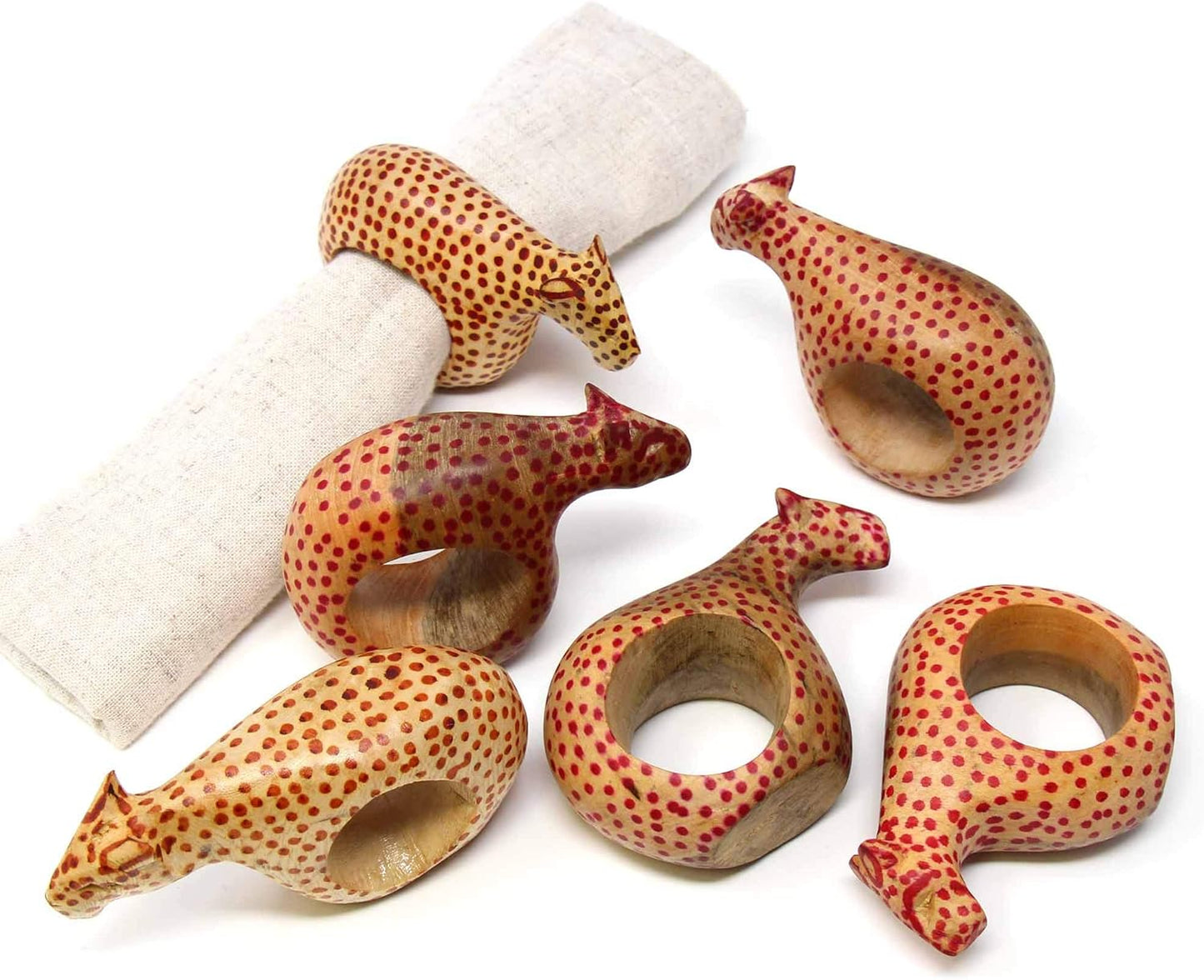 Global Crafts Handcarved Mahogany Wooden Napkin Ring Holders, Cheetah, Set of 6 (KWF012_C)