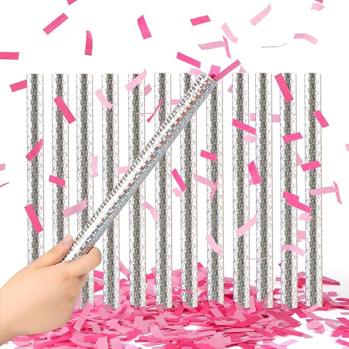 BATTIFE It's a Girl, 12Pack Gender Reveal Confetti Sticks, Tissue Paper Confetti Flick Flutter Wands for Baby Girl Shower, Wedding, Birthday Party Supplies Decoration, Shoot Poppers, 14inch Pink