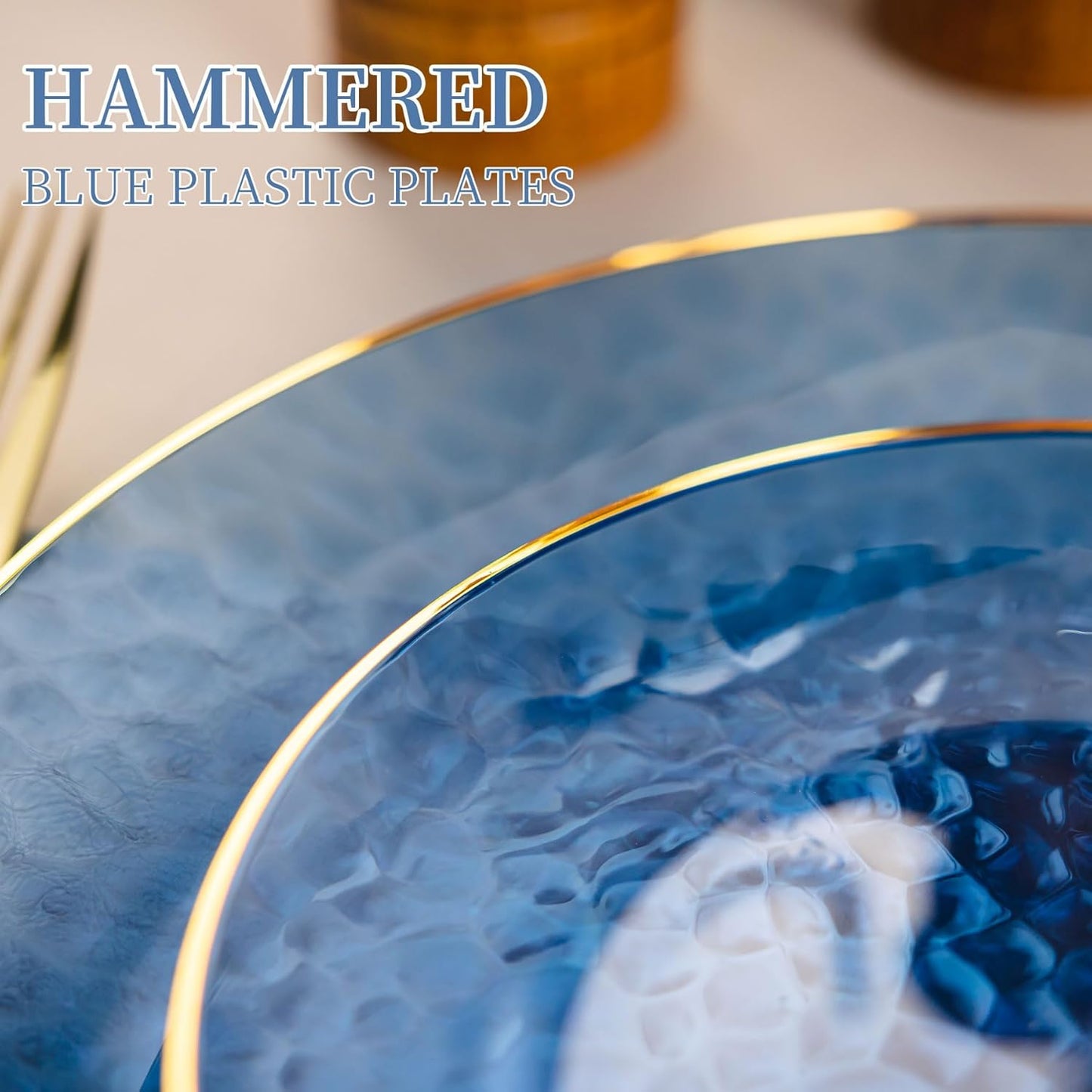 Lullaby 60Pcs Blue Gold Plastic Plates, Blue Disposable Plates With Gold Rim, Hammered Plastic Plates Include 30 Dessert Plate 10'', 30 Dinner Plate 7.5'' for Party, Birthdays and Wedding ﻿