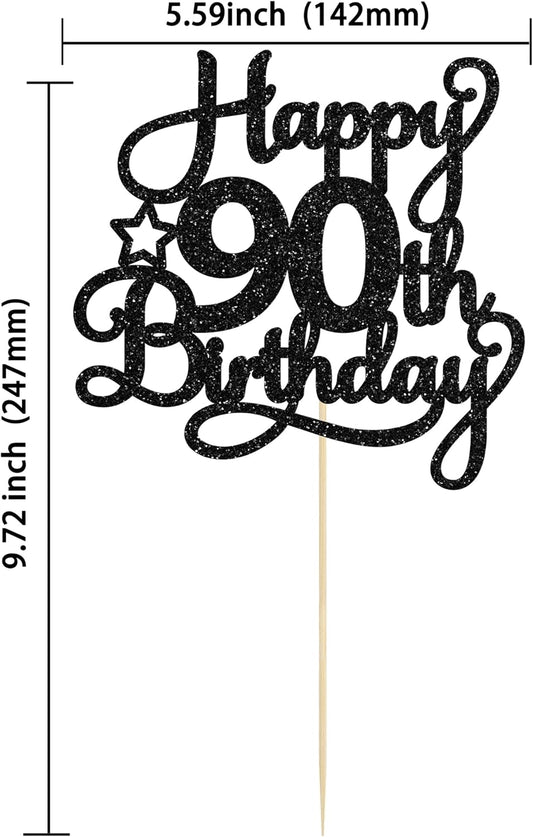 1 Pack Happy 90th Birthday Cake Topper Black Glitter 90 & Fabulous Cheers to 90 Years Old Birthday Cake Pick for Celebrating 90th Birthday Anniversary Party Cake Decorations Supplies