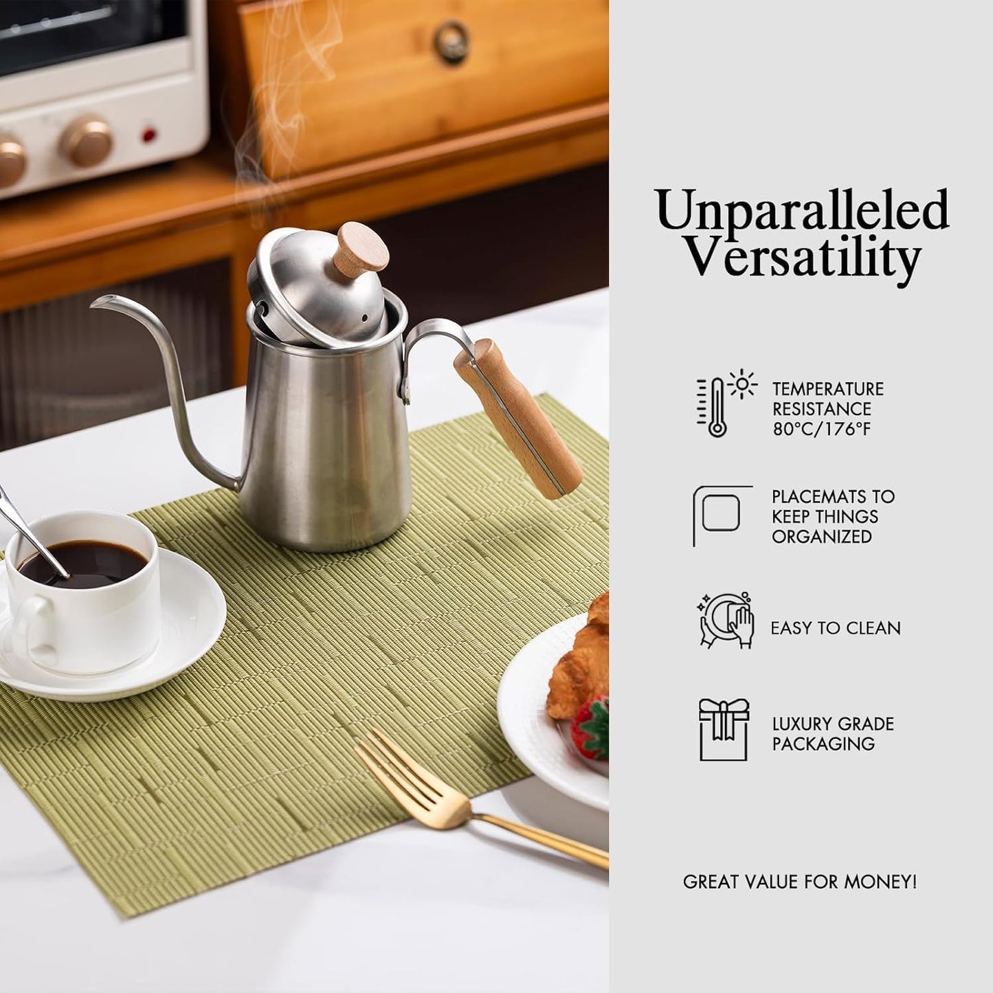 Placemats Set of 4 - Easy Clean Woven Vinyl Placemats for Dining Table, Indoor/Outdoor Place Mats, Washable PVC Table Mats （Pea Green）