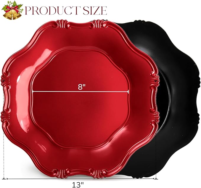 ZOOFOX Set of 12 Red Charger Plates, 13" Metallic Scalloped Charger for Dinner Plate, Decorative Service Plates for Christmas Tabletop Holiday Wedding Catering Event Decor