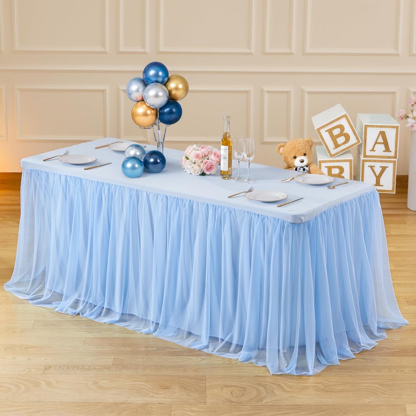 6 Pack 8ft Baby Blue Tulle Tablecloths for Rectangle Tables, 8 Foot Rectangular Table Cloth Wrinkle Free Table Cover with Tutu Skirt for Baby Shower Boy Birthday Party Banquet Buffet Cake