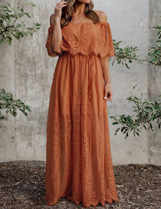 HOYISHION Women's Off The Shoulder Floral Lace Maxi Dress White Bridesmaid Wedding Party Maternity Photoshoot Long Dresses
