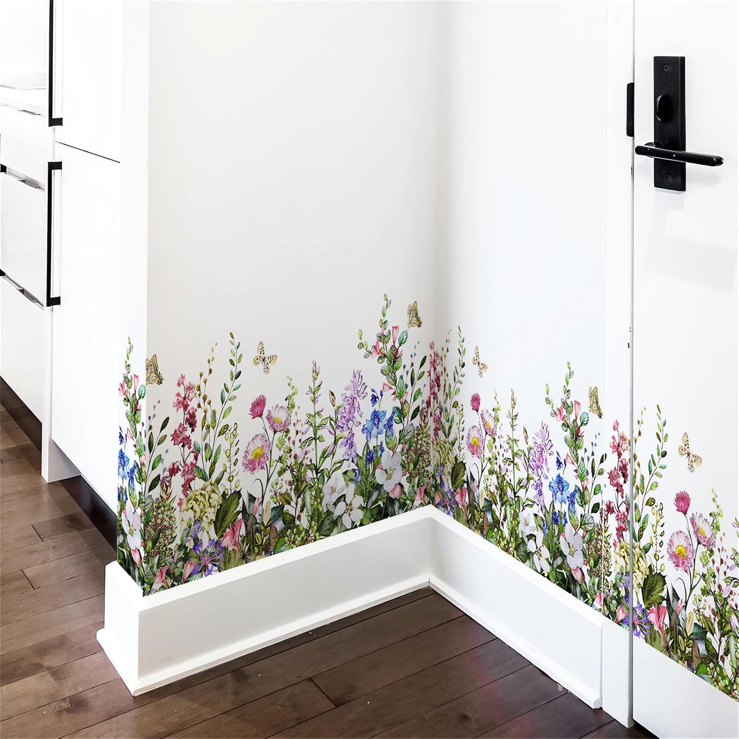 Colorful Flower Butterfly Greenery Wall Sticker,sacinora Floral Art Green Plants Wall Decal Removable Vinyl Peel and Stick for Living Room Bedroom Children's Room Kitchen Sofa TV Background Decoration