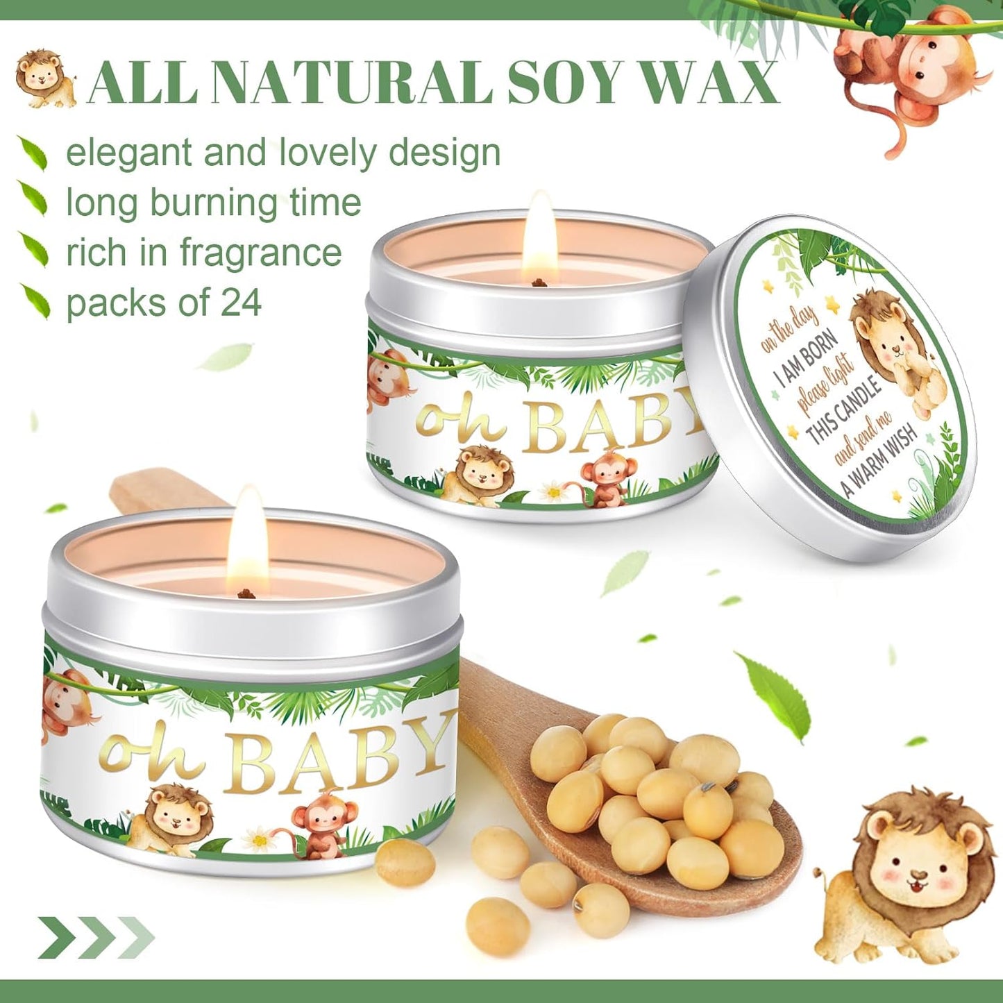 MTLEE 24 Pcs Jungle Animal Baby Shower Party Favors Candles Lavender Scented Baby Shower Favors for Guests Rustic Tealights Candles Gender Reveal Return Gifts Girl Boy(1.2 Oz, Green)