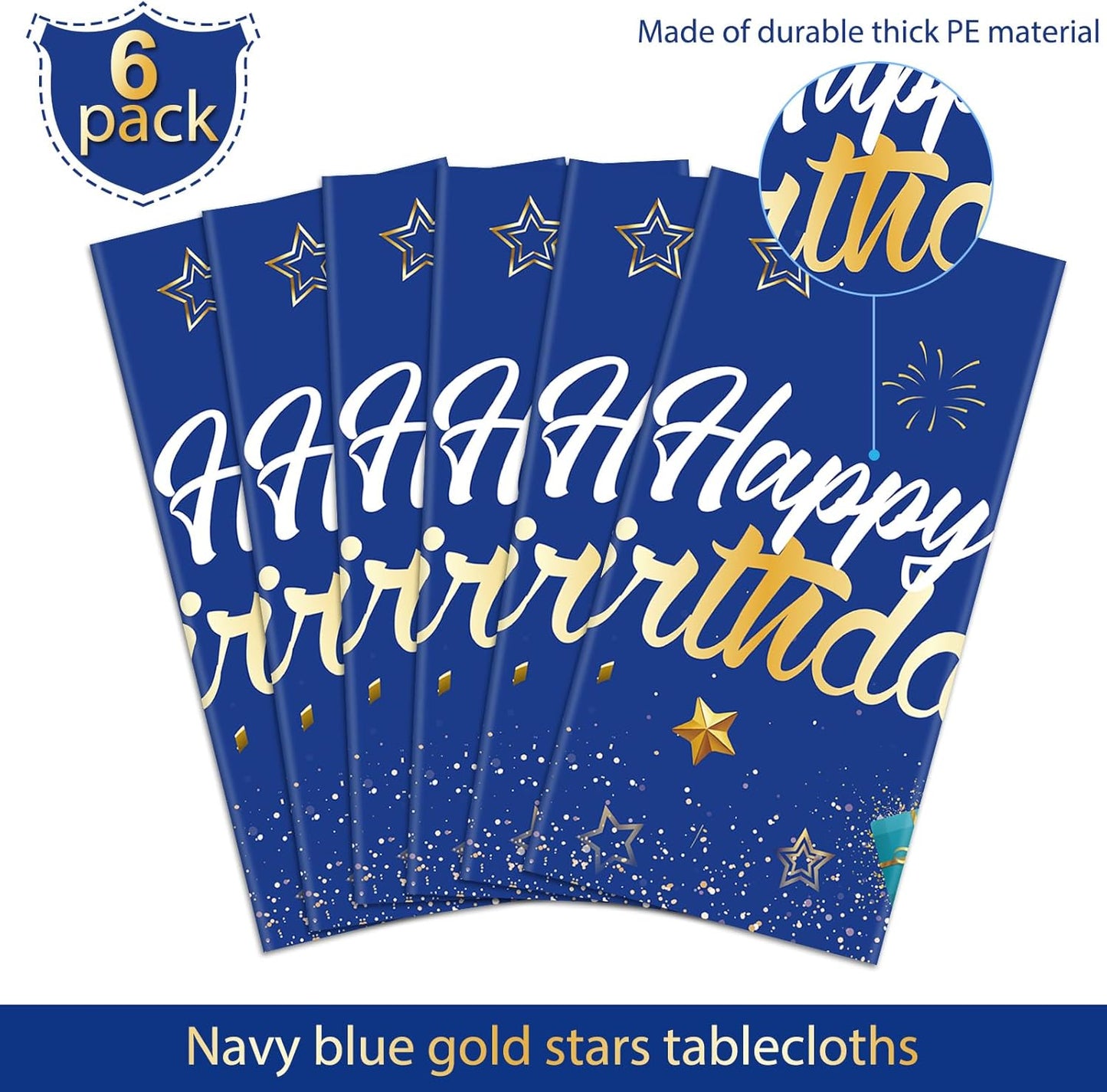 Tegeme Navy Blue Party Supplies Stars Happy Birthday Tablecloths Starry Confetti Table Covers for Kids Boys Girls Baby Shower Birthday Party Decorations(Navy Blue and Gold,6 Pack)