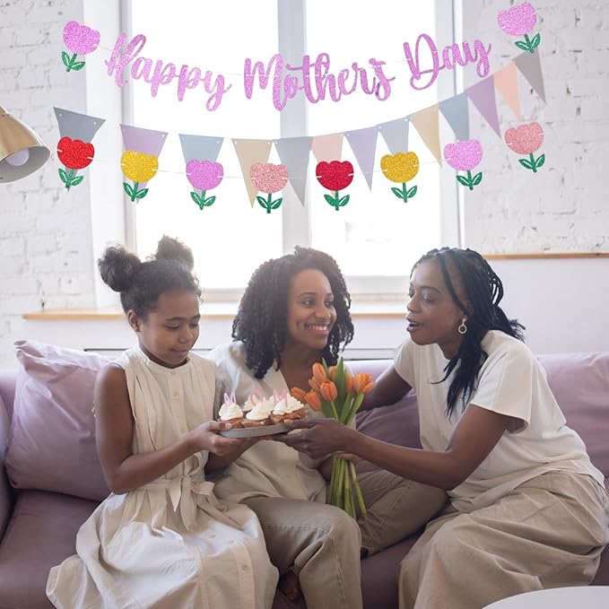 Happy Mother's Day Banner Set Decoration for Mother's Day Party Decorations Backdrop Garland for Mom Mother's Day Glitter Garland Photo Props (Pink Tulip)