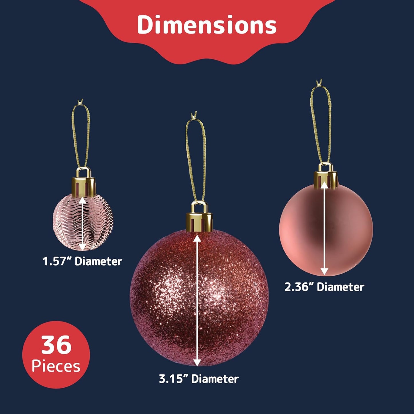 PREXTEX Champagne Christmas Ball Ornaments (36 pcs) - Shatterproof Christmas Tree Decorations with Hanging Loops in 6 Styles and 3 Sizes - Xmas Ornaments Set for Indoor and Outdoor Decor