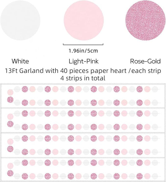 Rose-Gold Pink White Party Decorations - 52Ft Paper Garland Circle Dots Streamers Banner Girl Women Birthday Bridal Shower Wedding Bachelorette Engagement Graduation Hanging Decor Hongtongtong