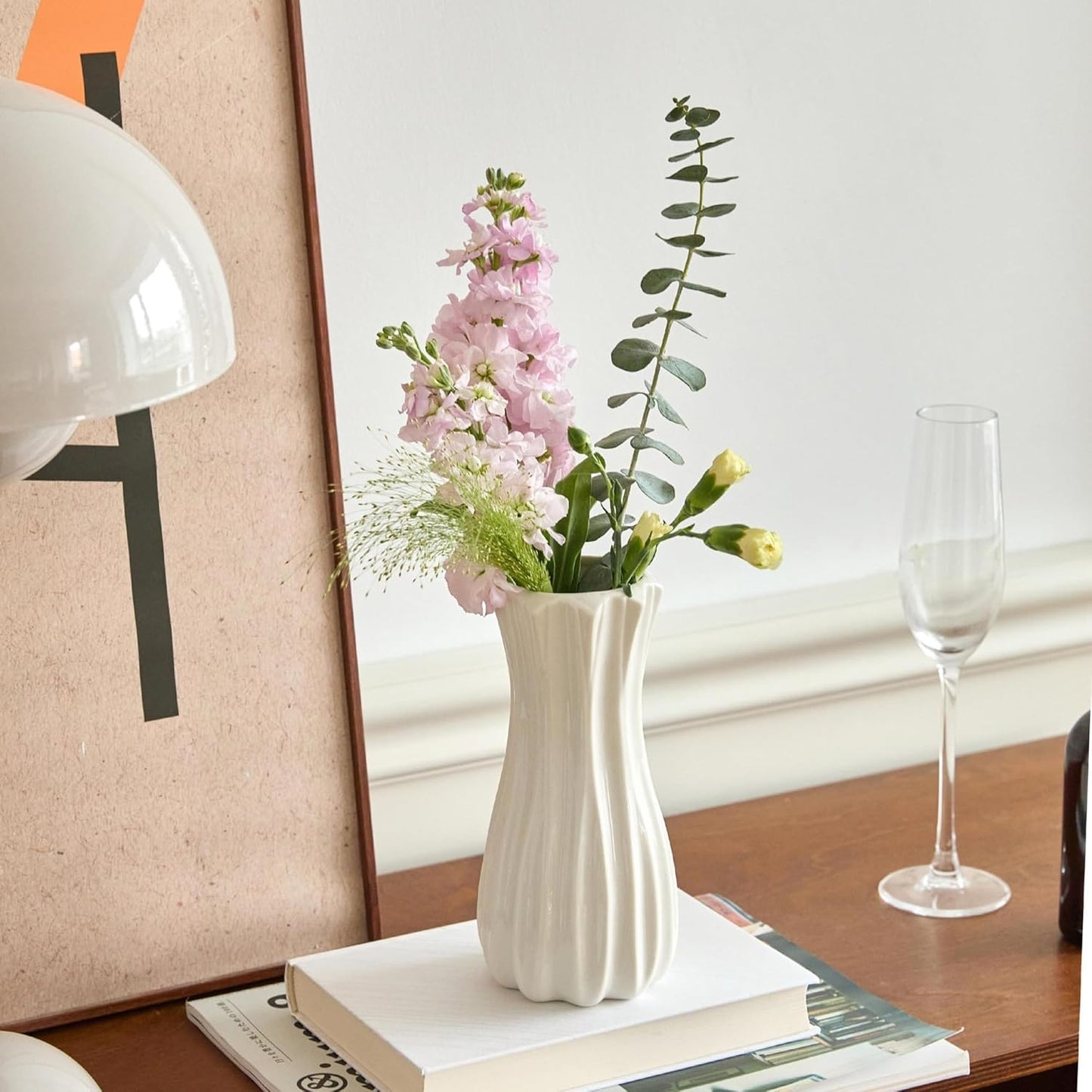 8 Inch White Ceramic Vase, Modern Flower Vases for Centerpieces Decorative Vase Home Decor, Minimalist Tall Vases for Bouquet Table Living Room Office Wedding Farmhouse Decor