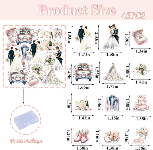 45PCS Edible Wedding Cupcake Toppers Wafer Paper Groom and Bride Cupcake Decoration Diamond Ring Cupcake Picks for Bridal Shower Bachelorette Wedding Party Supplies