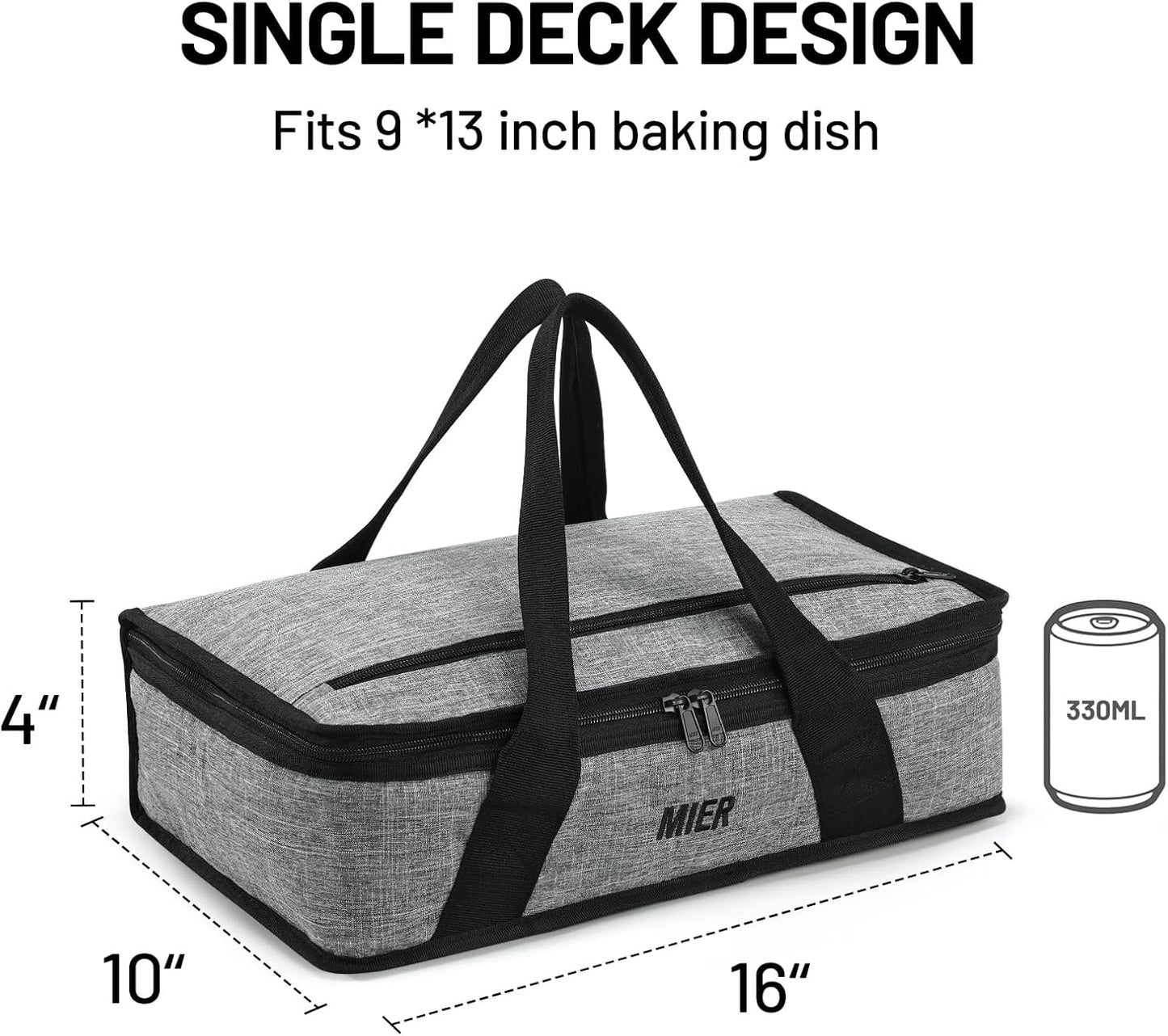 MIER Insulated Casserole Carrier for Hot or Cold Food Thermal Food Carrier Bag for Lasagna Potluck Parties Picnic Cookouts, Fits 9"x13" Baking Dish/Foil Pan, Gray