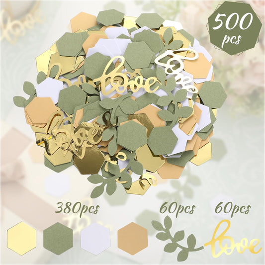 500 Pcs Greenery Wedding Table Confetti, Boho Love Theme Party Sage Green Table Scatter Confetti for Nature Theme Engagement Party Wedding Birthday Shower Party (Gold, Tea Green, Nude, White)