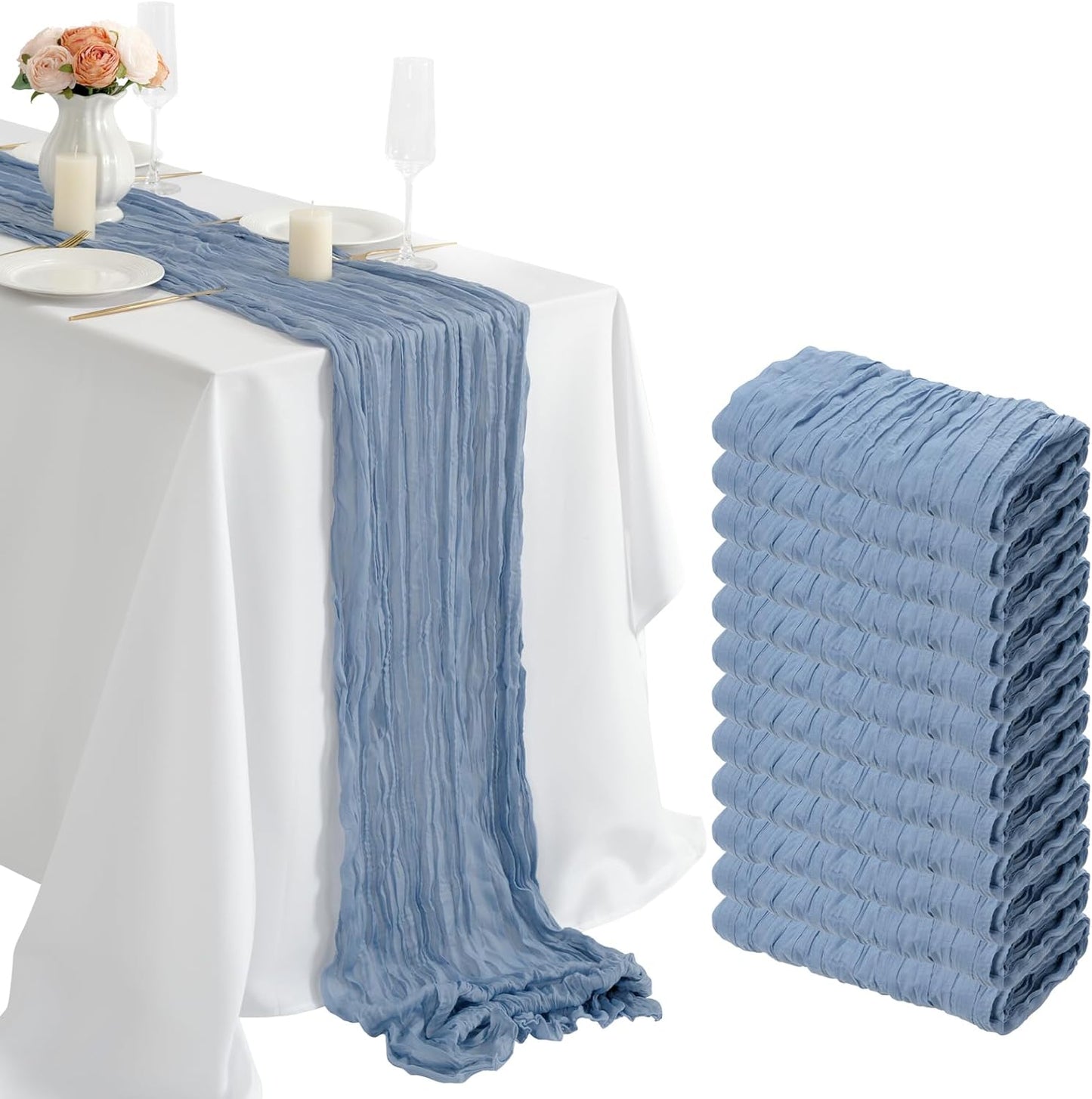 combocube 12 Pack 35x120 Inch 10Ft Cheesecloth Long Table Runner Gauze Rustic Romantic Table Cloth for Wedding Reception Bridal Shower Holiday Birthday Party Table Decorations, Dusty Blue