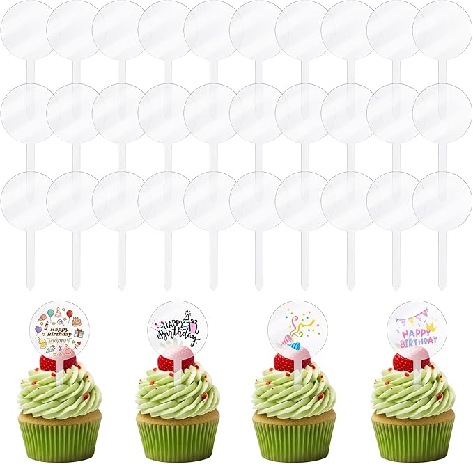 30Pcs 4 Inch Circle Acrylic Blank Custom Cupcake Topper, DIY Clear Blank Personalized Cupcake Topper for Birthday Party, Valentines, Easter, Wedding, Baby Shower Cake Decoration