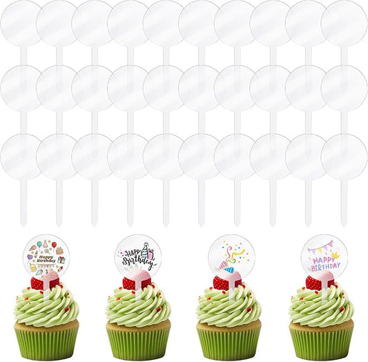 30Pcs 4 Inch Circle Acrylic Blank Custom Cupcake Topper, DIY Clear Blank Personalized Cupcake Topper for Birthday Party, Valentines, Easter, Wedding, Baby Shower Cake Decoration