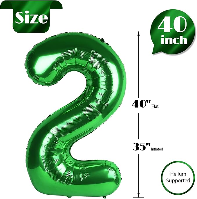 Dark Green Number 2 Balloon 40 Inch, 2nd Birthday Decoration for Toddlers Girls Boys, Sparkling 2 Number Balloon Party Decor