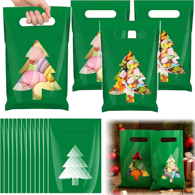 Supervitae 100 Pcs Christmas Tree Plastic Gift Bags with Transparent Window & Handles Christmas Party Favor Bags Bulk for Xmas Snacks Goodie Candy Treat Party Supplies