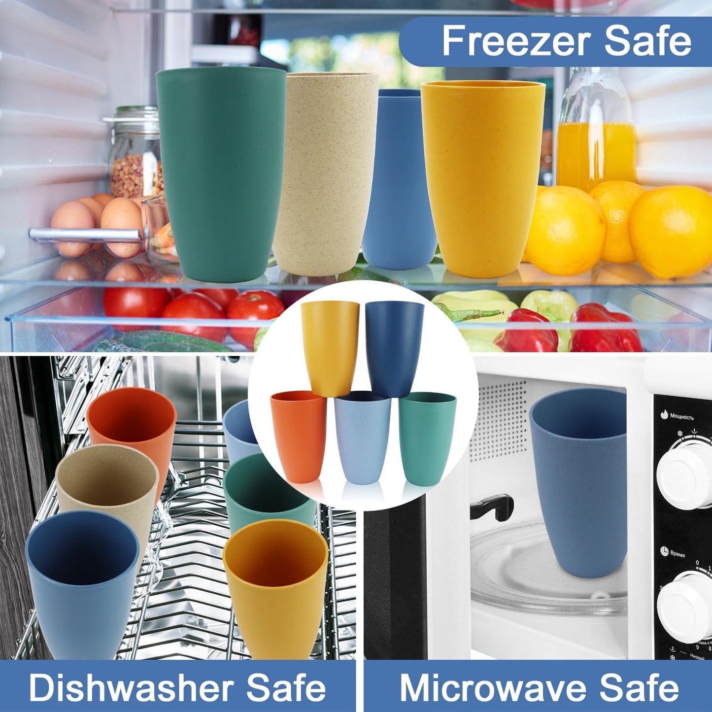 Wheat Straw Cups 20 OZ Large Capacity Set of 6, Unbreakable Drinking Cups Reusable, Alternative to Plastic Cups Reusable, Dishwasher Safe Water Tumblers (Multicolor)