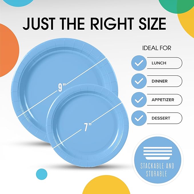 Exquisite Light Blue Paper Plates Disposable Heavy Duty 100 Pcs - 50-7" & 50-9" Light Blue Disposable Plates For Party Heavy Duty Paper Plate 350 GSM Birthday Party Supplies Plate Set