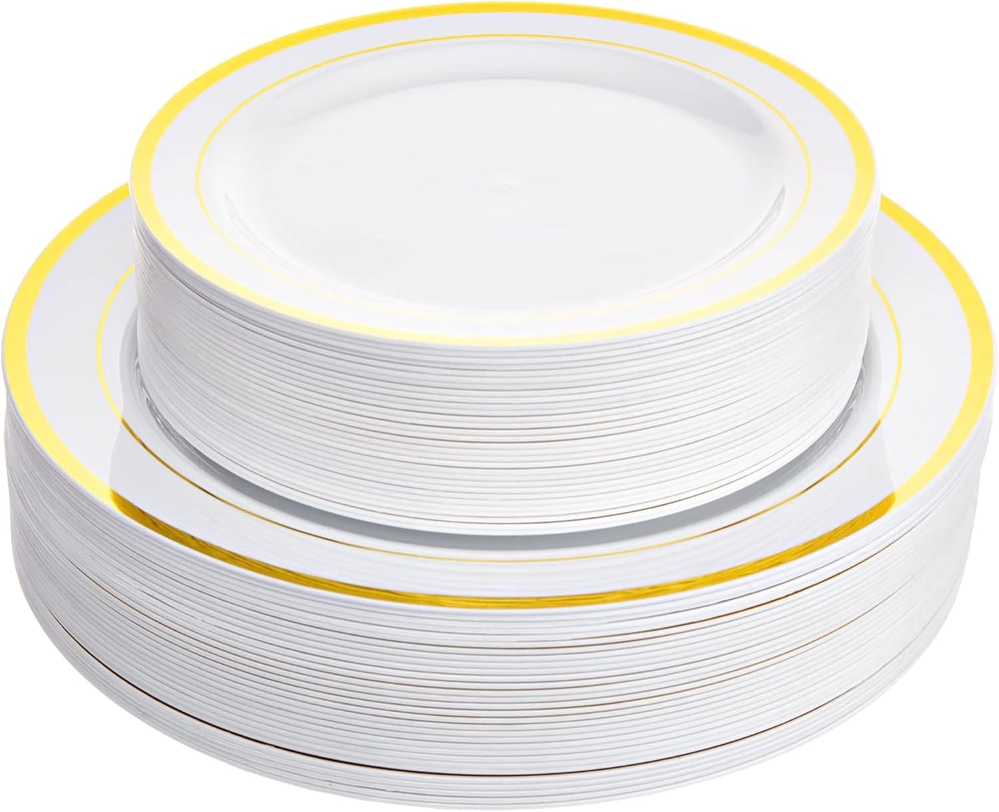 Aya's Cutlery Kingdom 100 Disposable White Plastic Plates with Gold Trim - Includes 50 (10-Inch) Plastic Dinner and 50 (7.5-Inch) Salad Dessert Plates - Heavy Duty and Elegant Tableware