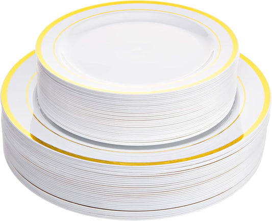 Aya's Cutlery Kingdom 100 Disposable White Plastic Plates with Gold Trim - Includes 50 (10-Inch) Plastic Dinner and 50 (7.5-Inch) Salad Dessert Plates - Heavy Duty and Elegant Tableware