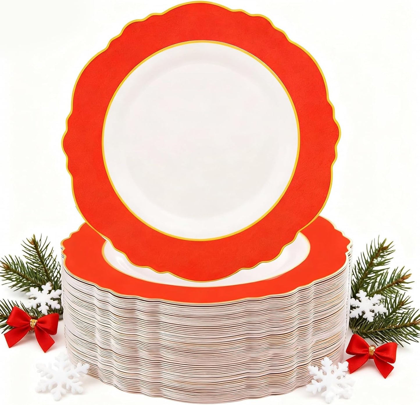 WDF 60pcs Red Christmas Plastic Plates with Gold Rim - 10.25inch Red Dinner Plates Disposable Plates Table Decor for Christmas