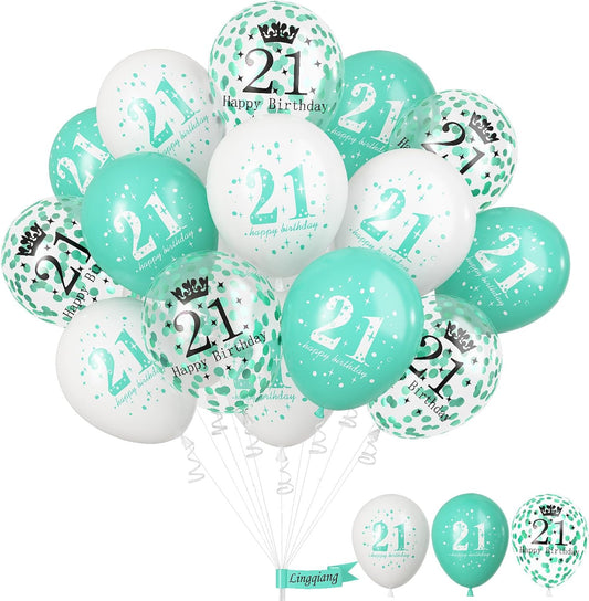 21st Birthday Balloons & Decorations - Teal, White & Turquoise Latex Balloons for Boys & Girls, Confetti, Party Supplies