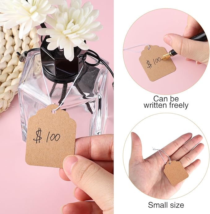 200 Pcs Small Price Tags, Paper Tags with Elastic String, Writable Blank Kraft Gift Tag for Clothes Jewelry Valentine's Day Gifts (1.38×1.8Inch, Brown)