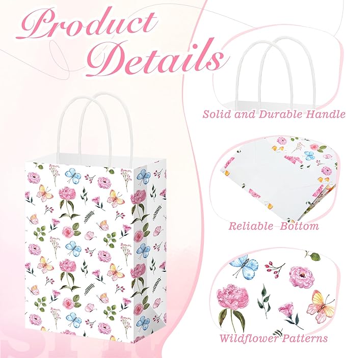 Gilprop 48 Pcs Wildflower Paper Gift Bags Spring Floral Candy Goodie Treat Bags Easter Flower Party Favor Bag with Handle for Mother's Day Birthday Party Bridal Shower Wedding Gift Wrapping Supplies