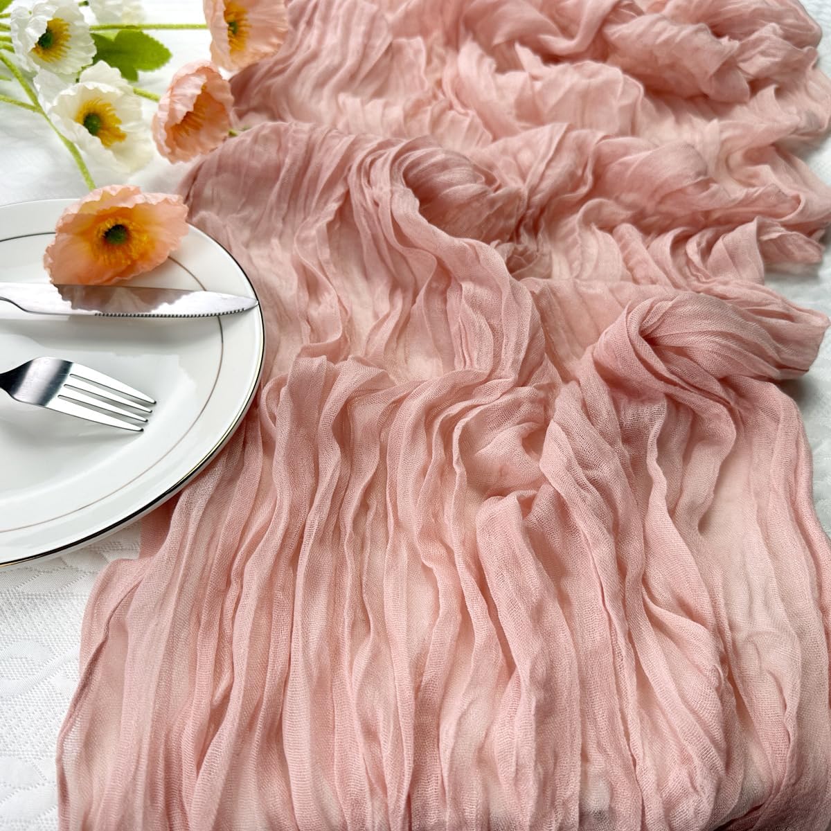 Booque Valley 3 Pack Dusty Pink Cheesecloth Table Runner 10ft Super Soft Boho Wrinkled Gauze Sheer Cloth for Baby Shower Baptism Birthday Party Wedding Centerpiece Table Decoration, 35x120 Inch