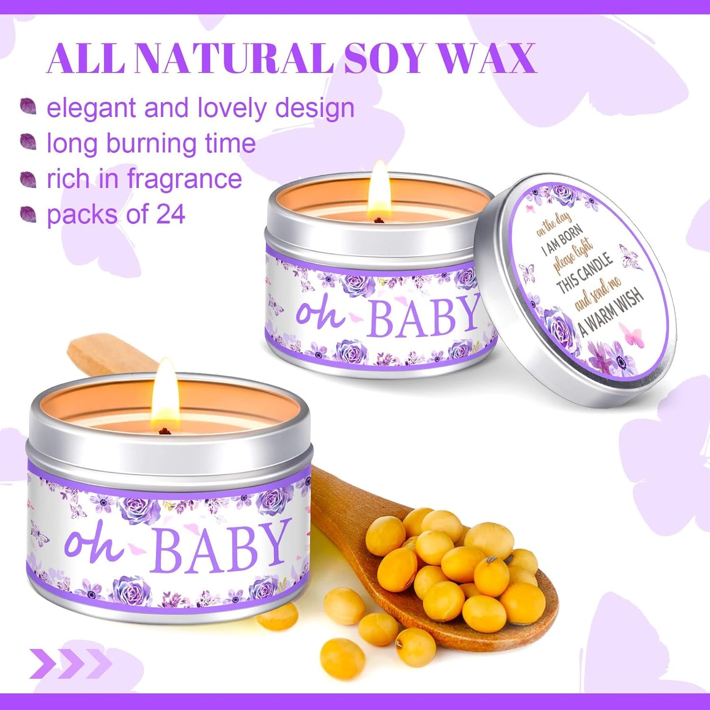 MTLEE 24 Pcs Baby Shower Party Favors Candles Lavender Scented Baby Shower Favors for Guests Rustic Tealights Candles Gender Reveal Return Gifts Girl Boy(Rose,1.2 oz,Purple)