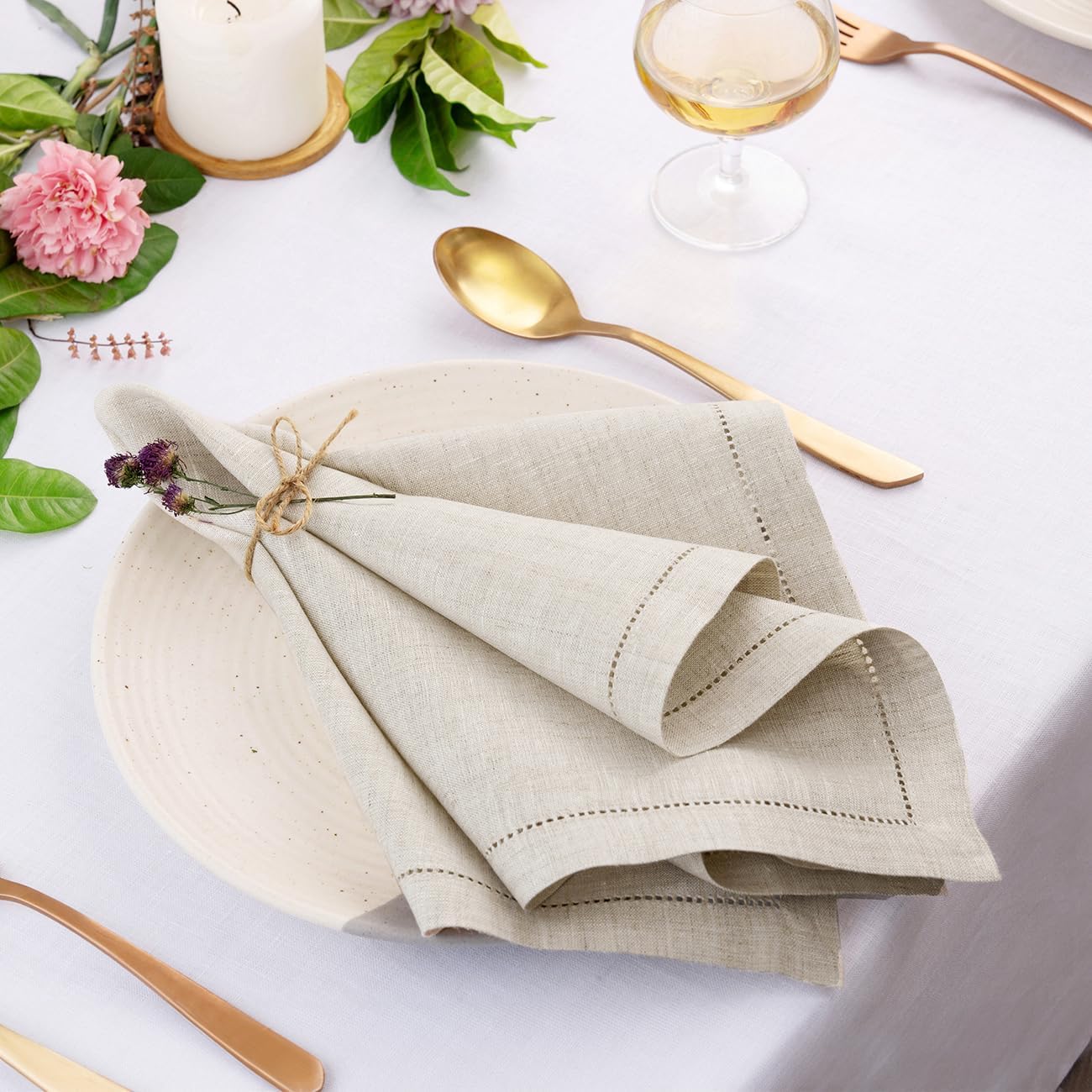 D'Moksha Homes Light Natural Linen Napkins Set of 4 - Classic Hemstitch 100% Pure Linen Hemstitch Dinner Napkins 20 x 20 Inch for Thanksgiving, Christmas, Holiday - Handcrafted and Machine Washable