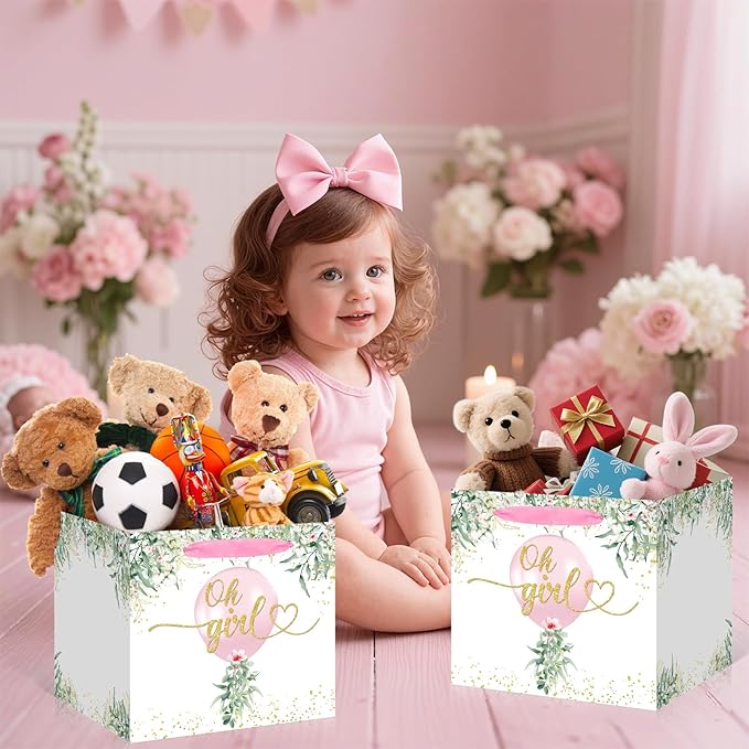 Woosytoo Extra Large Baby Girl Gift Bag Greenery Baby Shower Square Gift Bags with Tissue Paper Oh Girl Watercolor Pink Balloon Wrapping Paper Bag for Girls Baby Shower Gender Reveal Party Favors