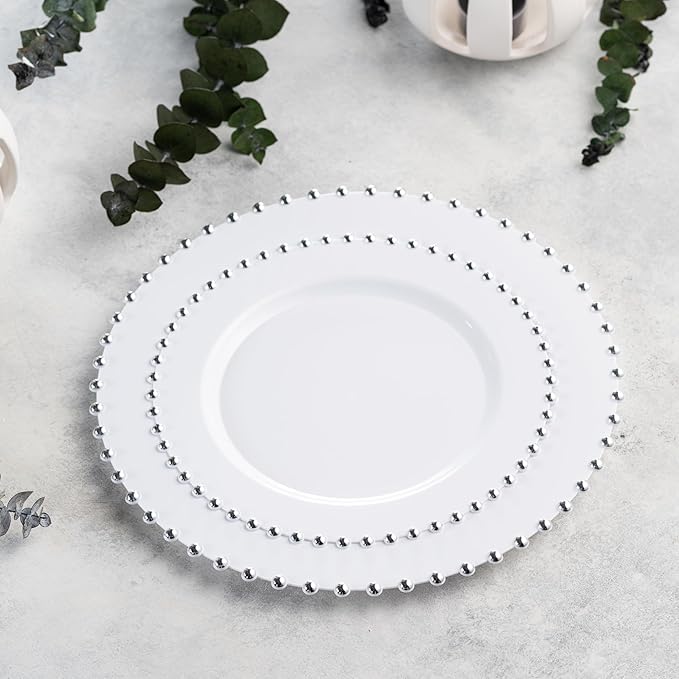 PLASTICPRO 64 Piece Combo Plastic Dinner Plates Disposable Plastic Fancy Heavy Duty Party Dishes 7 inch and 10 inch, White and Silver Beaded
