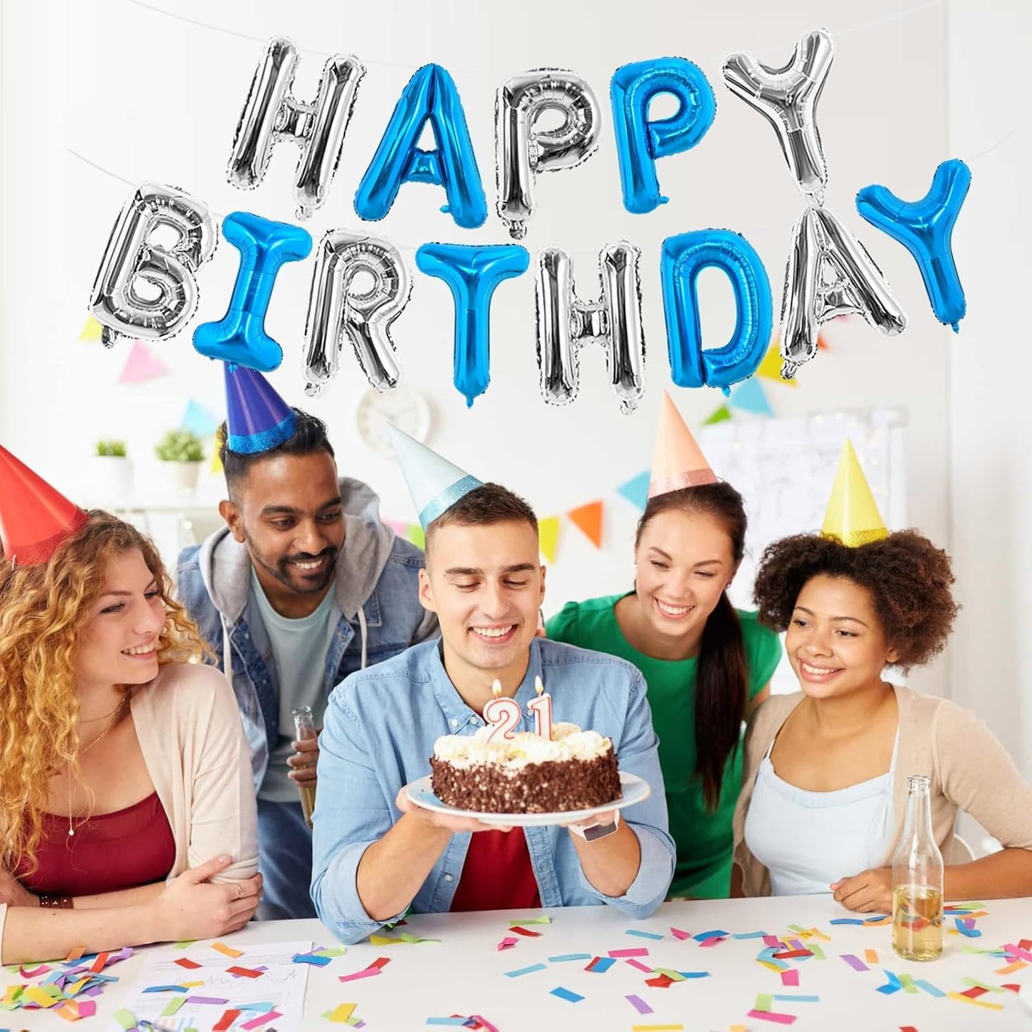 TONIFUL Happy Birthday Balloons Banner 16 Inch Mylar Foil Letters Birthday Sign Reusable for Girls Boys Kids & Adults Birthday Party Decorations Supplies（Navy Blue Silver）